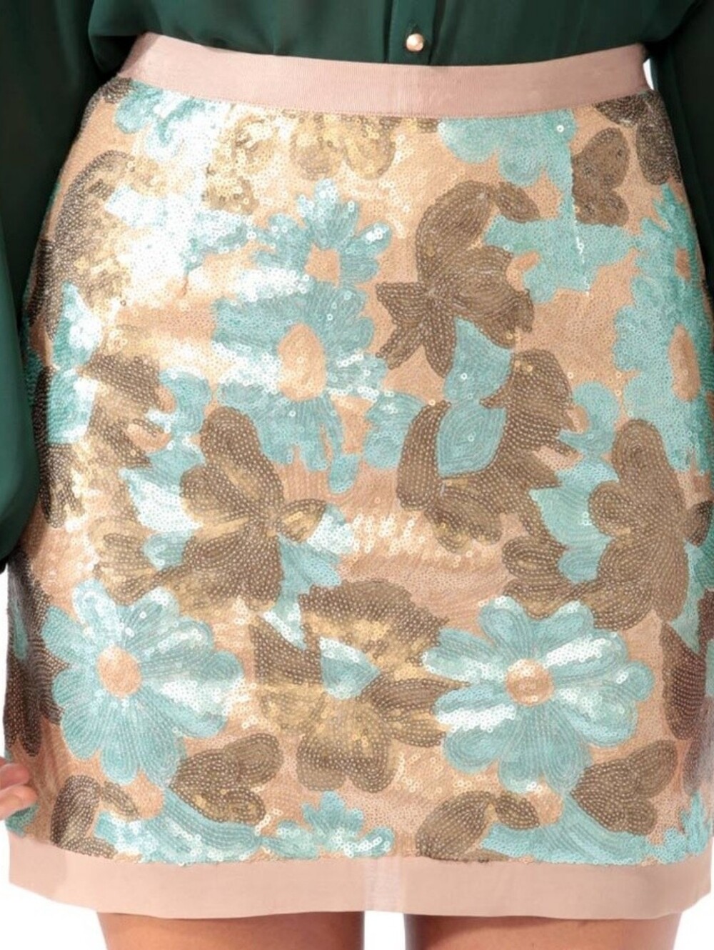 NWT Sequin Mini Skirt Size M Floral Metallic Gold Bronze Blue Retro Fall